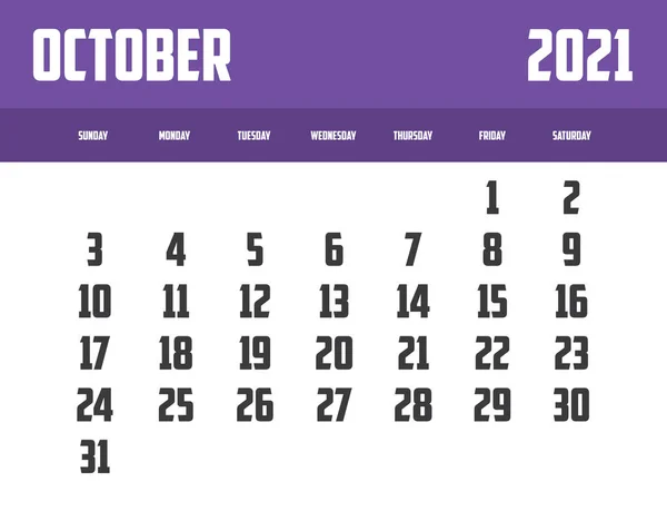 2021 Calendario Isolato Sfondo Ottobre — Foto Stock