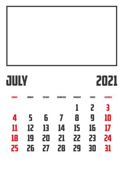 Календарь 2021 Года Изолирован Заднем Плане Июль — стоковый вектор
