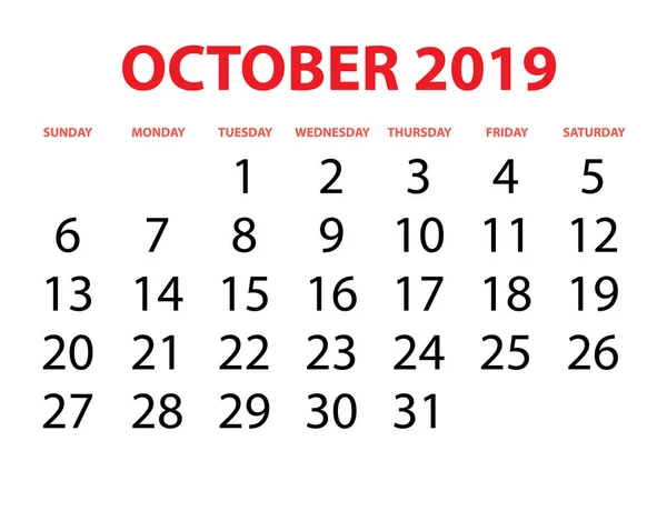 Kalender Isolerad Bakgrund Oktober — Stock vektor