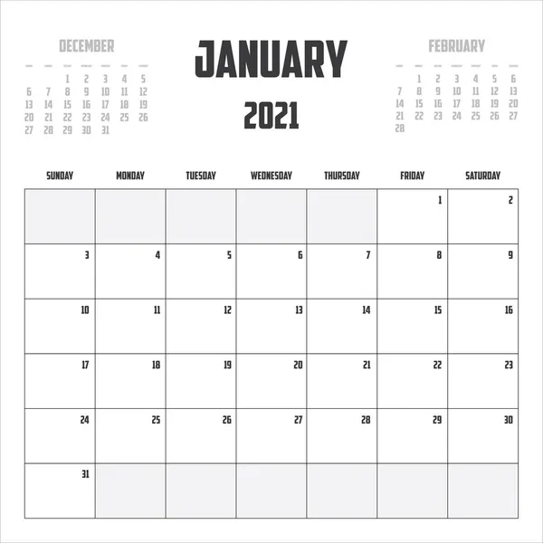 2021 Calendario Aislado Fondo Enero — Vector de stock