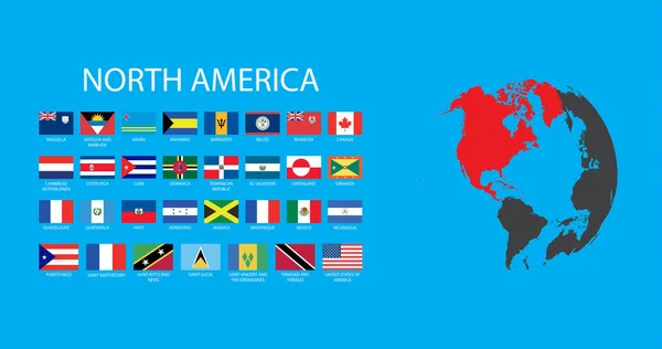 Alla Illustrerade Landsflaggor För Den Nordamerikanska Kontinenten — Stock vektor