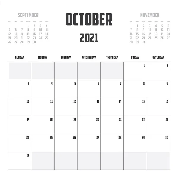 2021 Calendário Isolado Fundo Outubro — Vetor de Stock