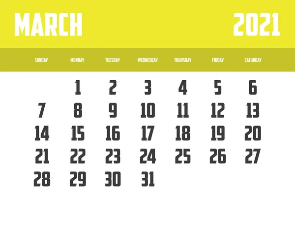 Календар 2021 Ізольовано Фоні Березня — стоковий вектор