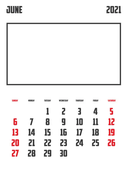 Календарь 2021 Года Изолированный Фоне Июня — стоковый вектор
