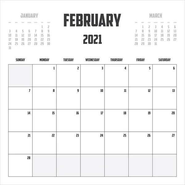 2021 Calendario Aislado Fondo Febrero — Archivo Imágenes Vectoriales