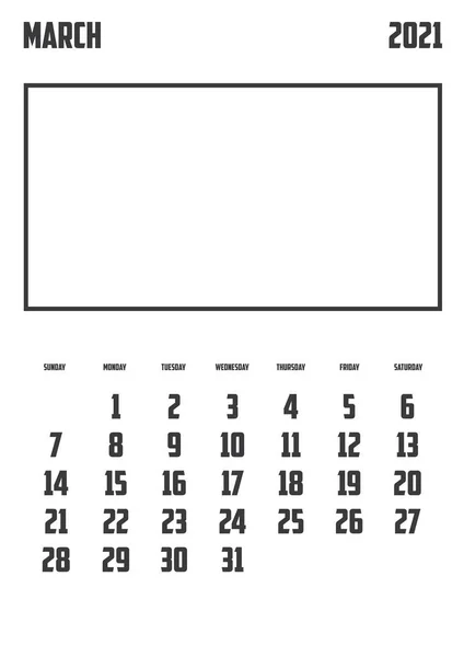 Календарь 2021 Года Изолированный Фоне Марша — стоковый вектор