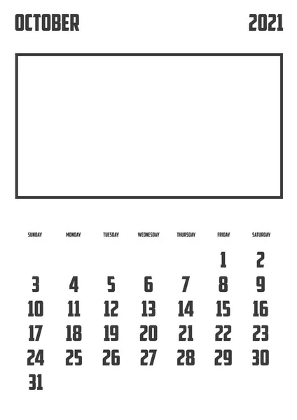 Calendario 2021 Aislado Sobre Fondo Octubre — Vector de stock