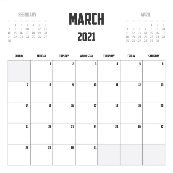 2021 Calendario Aislado Sobre Fondo Marzo — Vector de stock