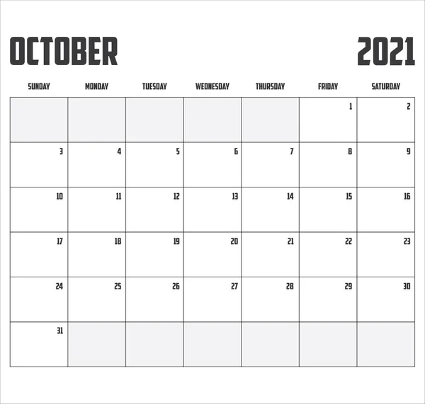 Calendario 2021 Aislado Sobre Fondo Octubre — Vector de stock