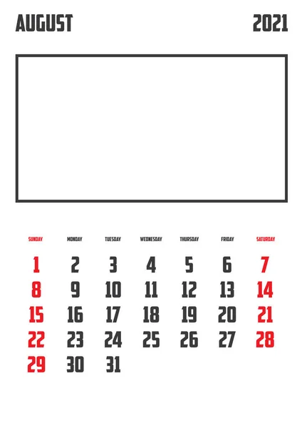 Календар 2021 Ізольовано Фоні Серпня — стоковий вектор