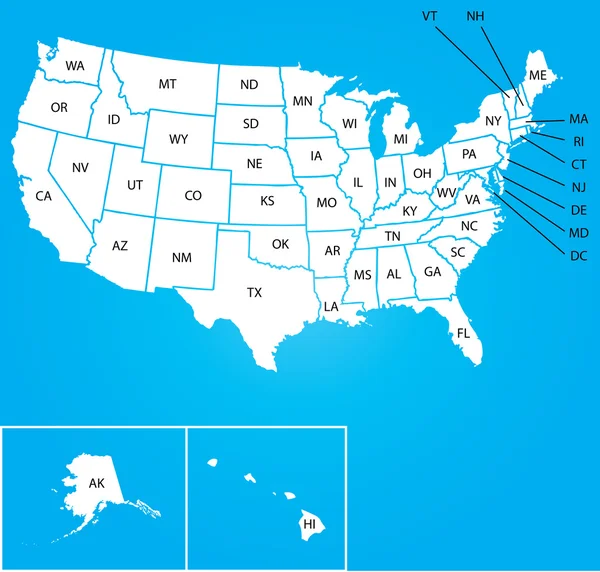 Ilustración del mapa de los Estados Unidos con el nombre de cada estado — Foto de Stock