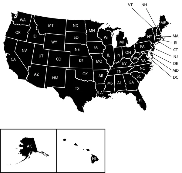 Ilustrace mapy USA s názvem jednotlivých států — Stockový vektor