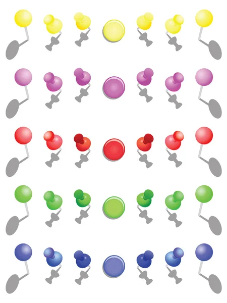 Verzameling van push pins in verschillende kleuren. punaises. bovenaanzicht — Stockvector