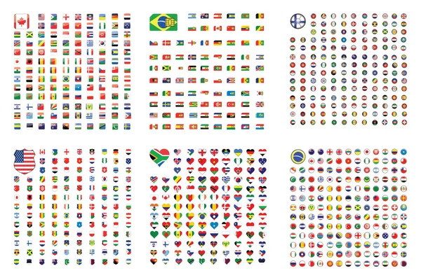 Illustrated Set of World Flags - Square - Shield - Circle - Hear — Stock Vector