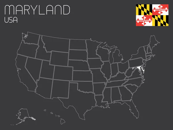 Mappa degli Stati Uniti con uno stato selezionato - Maryland — Vettoriale Stock
