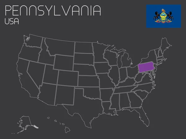 Mappa degli Stati Uniti con uno stato selezionato - Pennsylvania — Vettoriale Stock