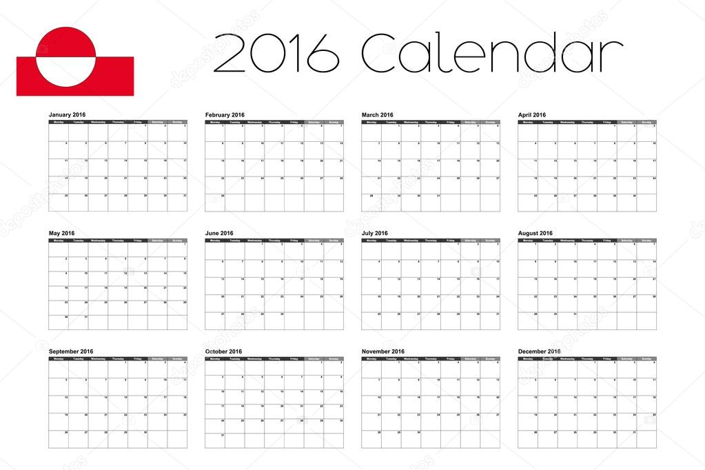 2016 Calendar with the Flag of Greenland