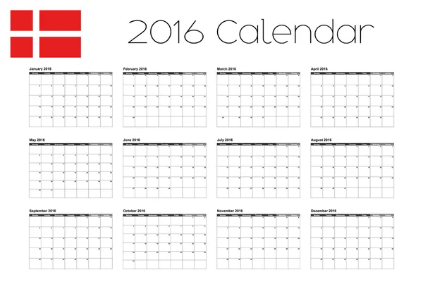 Calendrier 2016 avec le drapeau du Danemark — Image vectorielle