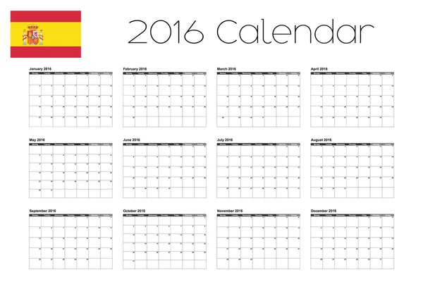 Calendrier 2016 avec le drapeau d'Espagne — Image vectorielle
