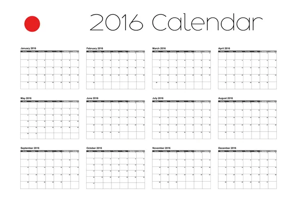 Calendario 2016 con la bandera de Japón — Vector de stock