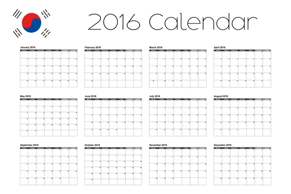 Календарь с флагом Республики Корея 2016 — стоковый вектор