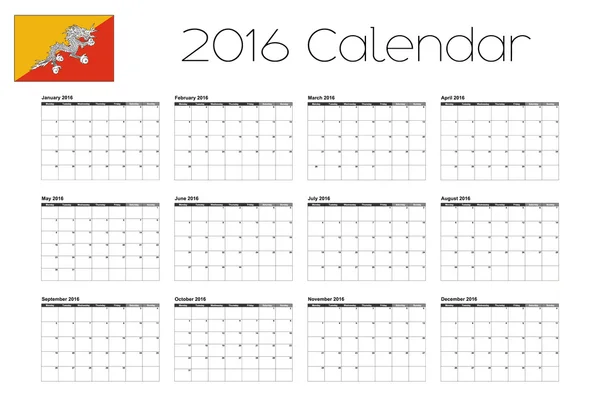 Calendário 2016 com a Bandeira do Butão — Vetor de Stock