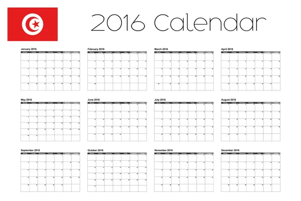 2016 kalendář s Tuniská vlajka — Stockový vektor