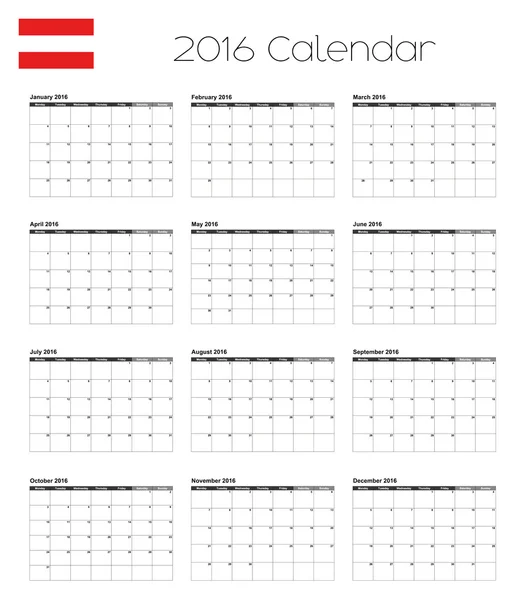 Calendario 2016 con la bandera de Austria — Foto de Stock