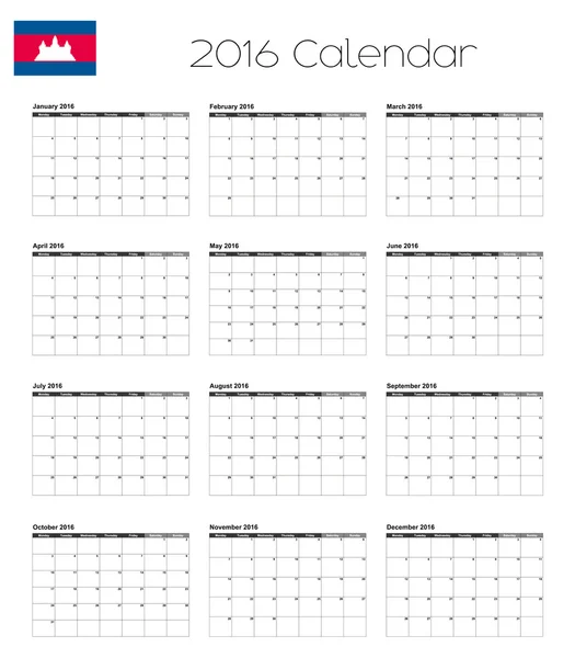 Kalendarz 2016 z banderą Kambodży — Zdjęcie stockowe