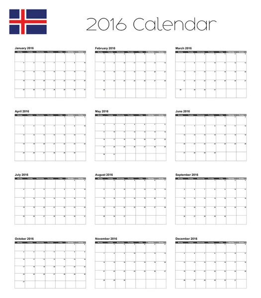 2016 kalendář s vlajkou Islandu — Stock fotografie