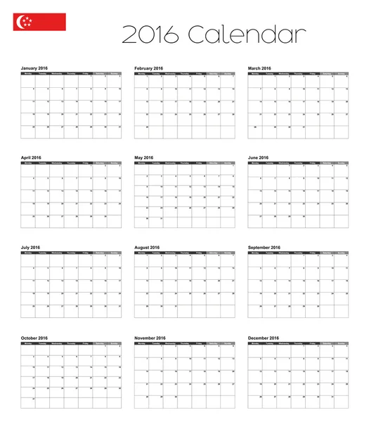 2016 календар з прапор Сінгапуру — стокове фото