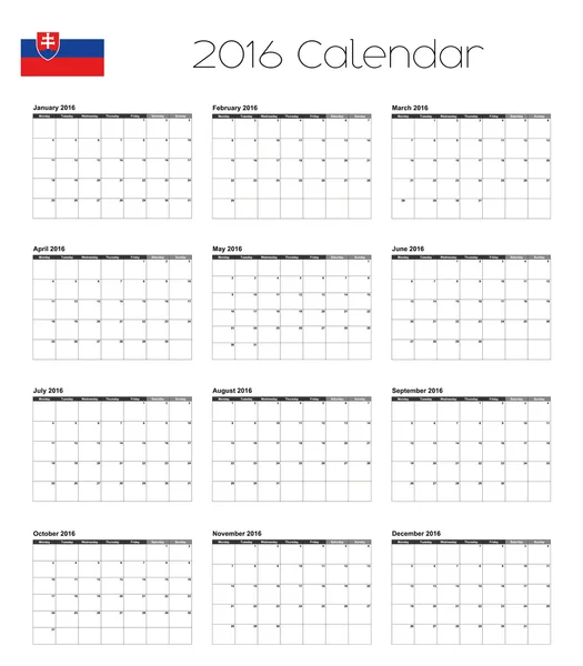 2016 kalendář s vlajkou Slovenska — Stock fotografie