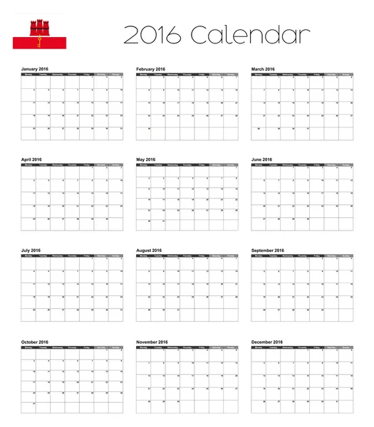 Calendário 2016 com a Bandeira de Gibraltar — Fotografia de Stock