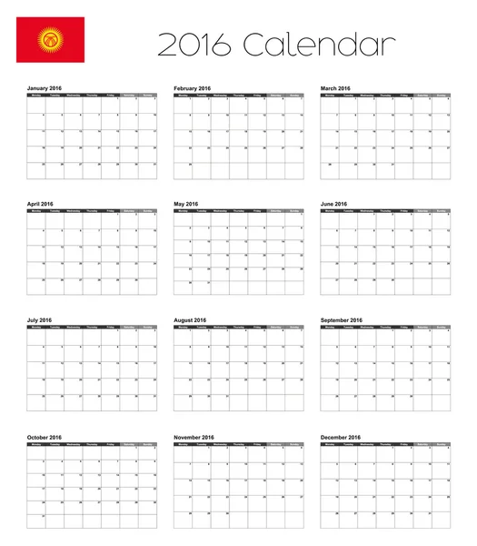 Calendario 2016 con la bandera de Kirguistán — Foto de Stock
