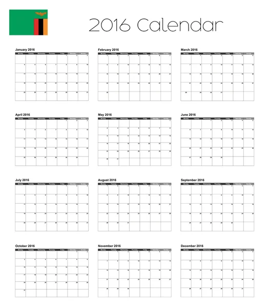 Calendário 2016 com a Bandeira da Zâmbia — Fotografia de Stock