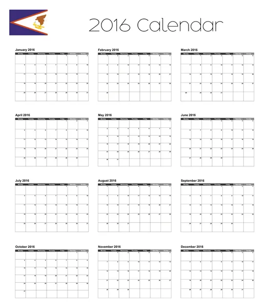 Calendrier 2016 avec le drapeau des Samoa américaines — Image vectorielle