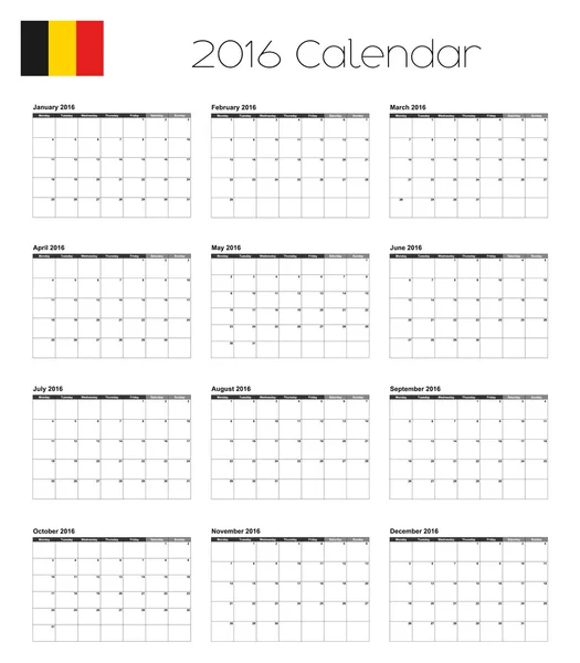 Belçika bayrağı ile 2016 takvim — Stok Vektör