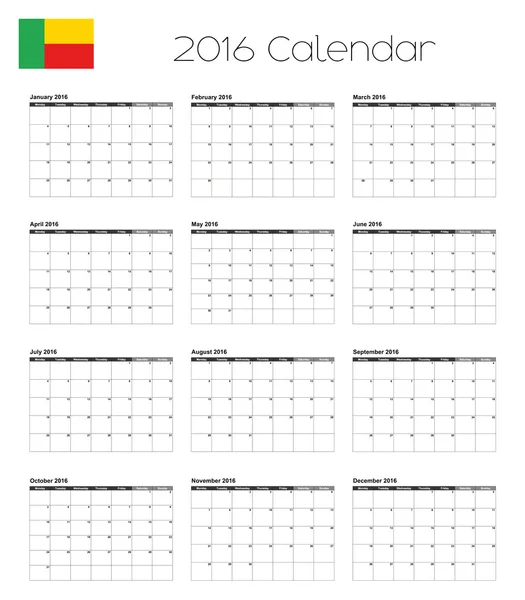 Calendário 2016 com a Bandeira do Benim —  Vetores de Stock