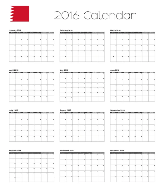 Calendário 2016 com Bandeira do Bahrein — Vetor de Stock