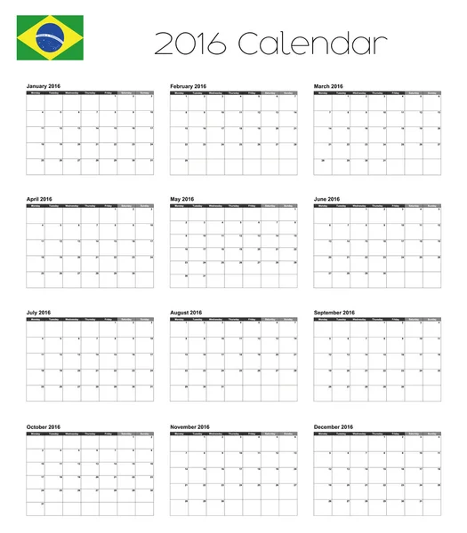 Calendario 2016 con la Bandera de Brasil — Archivo Imágenes Vectoriales