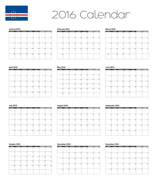 Calendrier 2016 avec le drapeau du Cap Vert — Image vectorielle