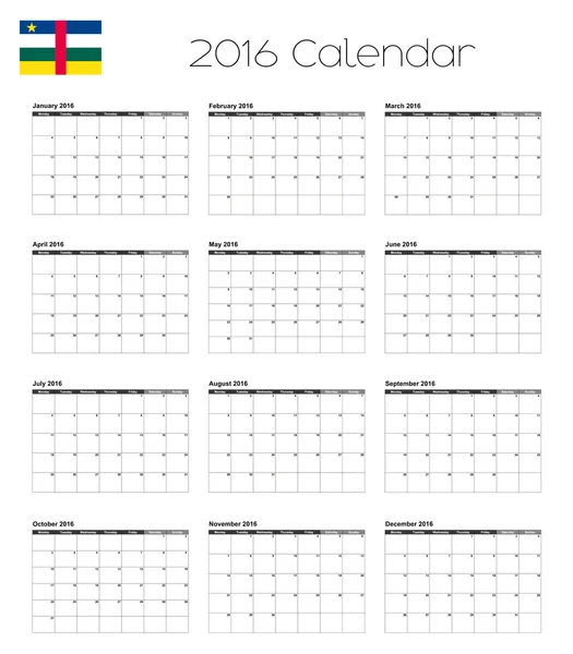 Calendário 2016 com a Bandeira da República Centro-Africana —  Vetores de Stock