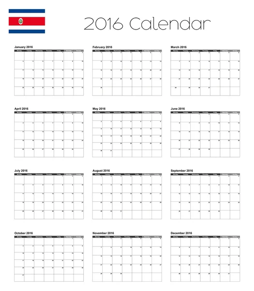 Calendrier 2016 avec le drapeau du Costa Rica — Image vectorielle