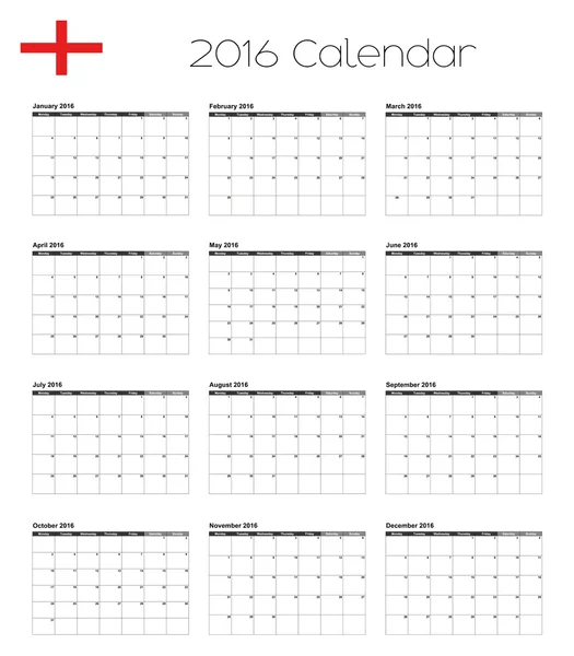 2016 Calendar with the Flag of England — Stock Vector