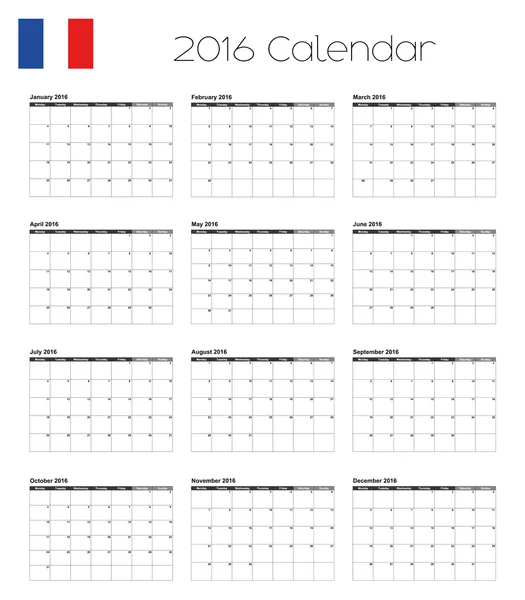 Calendário 2016 com a Bandeira da França —  Vetores de Stock