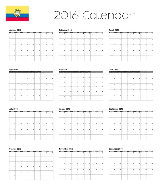 Calendario 2016 con la Bandera de Ecuador — Vector de stock