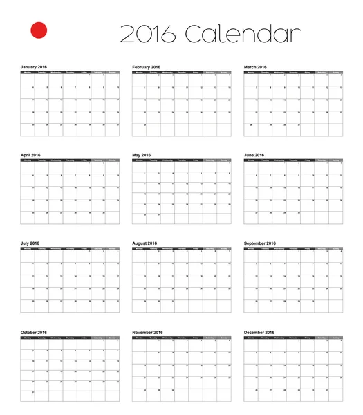 Calendario 2016 con la bandera de Japón — Vector de stock