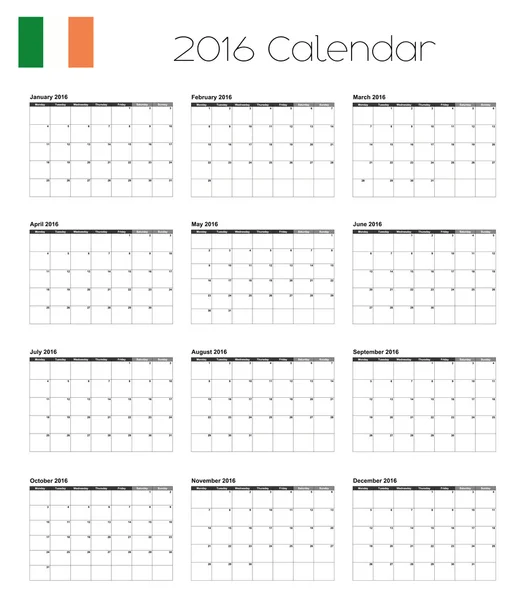2016 kalender met de vlag van Ierland — Stockvector