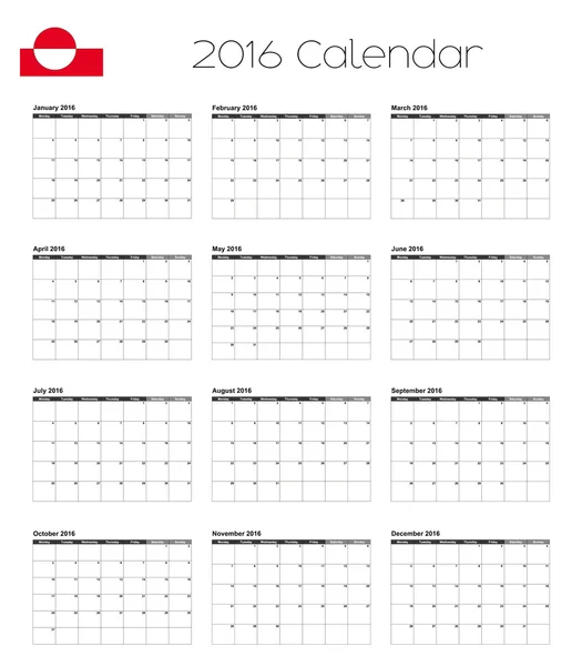 Calendário 2016 com a Bandeira da Groenlândia — Vetor de Stock