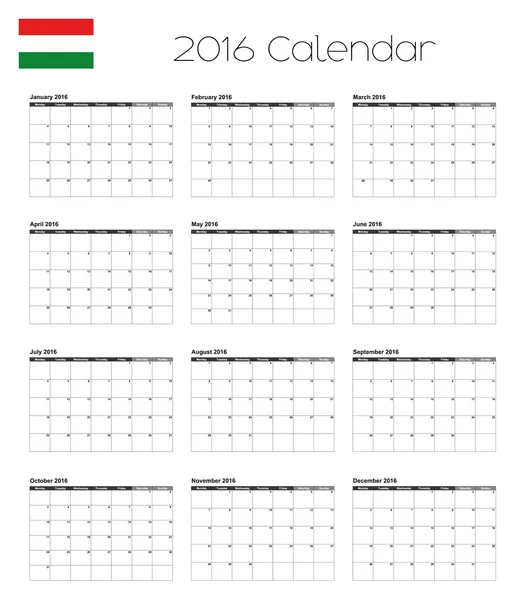2016 kalender met de vlag van Hongarije — Stockvector